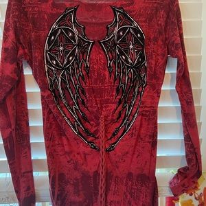 🚨🚨AFFLICTION LS BRAIDED DETAIL FITTED TEE WITH DRAGON WINGS ON BACK SZ MEDIUM